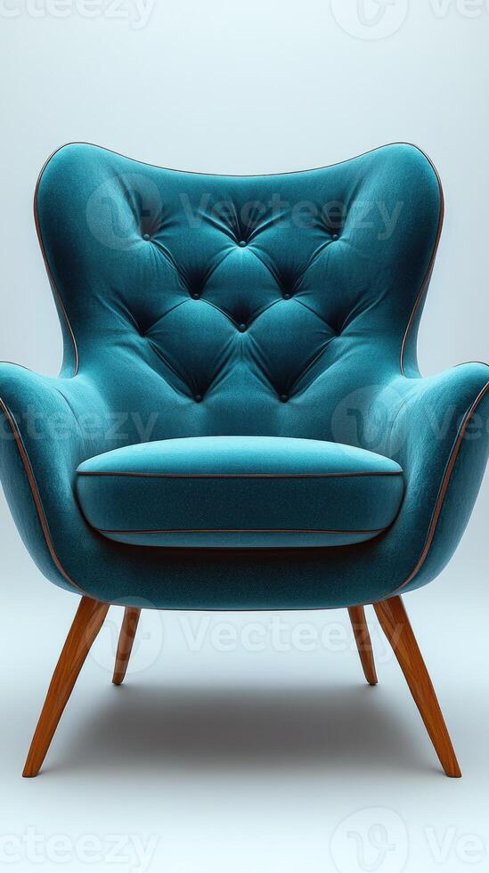 Modern teal upholstered armchair standing on a white background photo