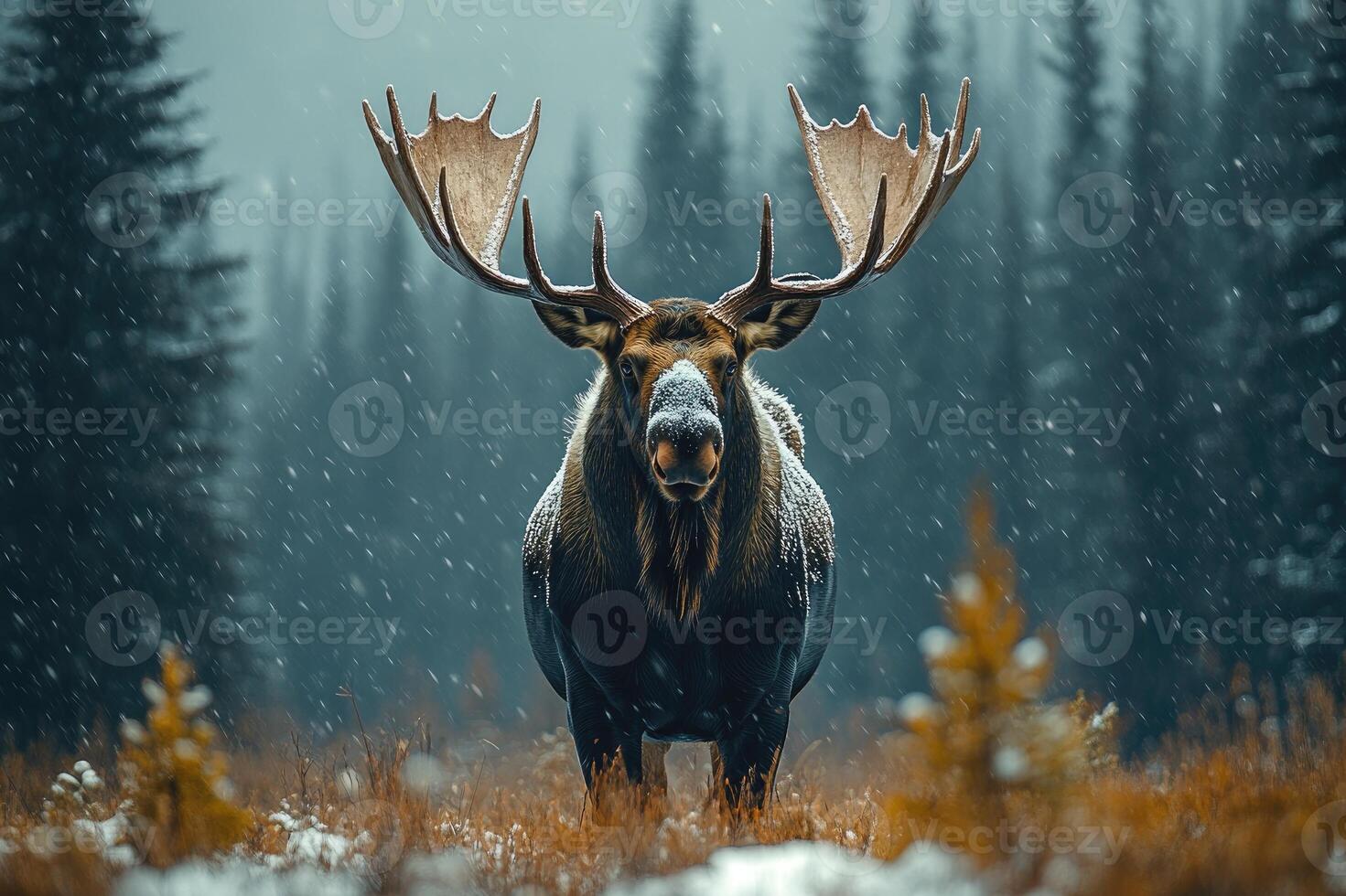 Large bull moose standing in snowfall with antlers covered in snow photo