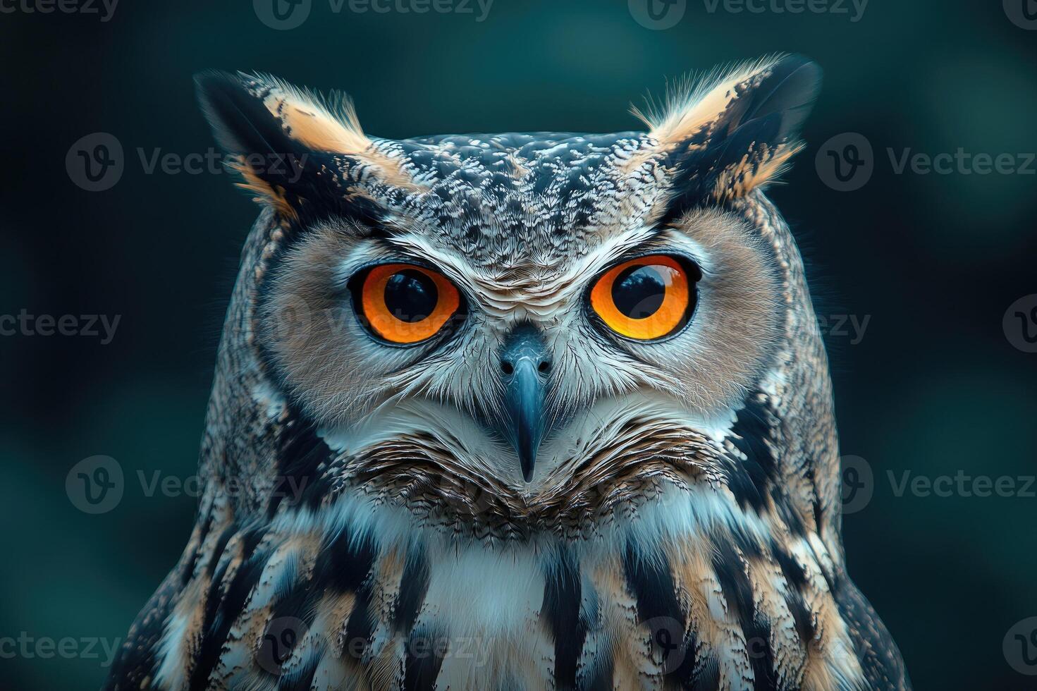 Eurasian eagle-owl staring intently with piercing orange eyes photo