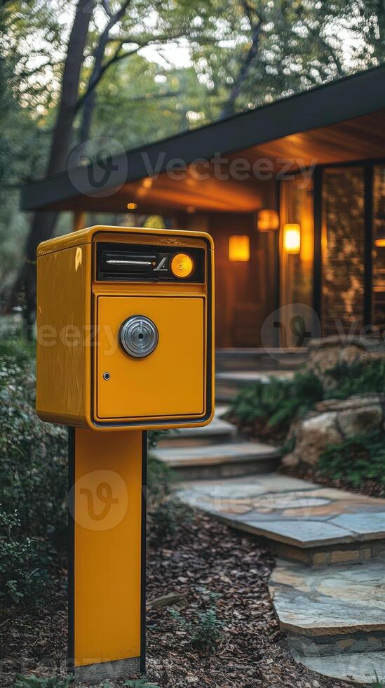 Yellow mailbox standing in front of a modern house with palm trees photo