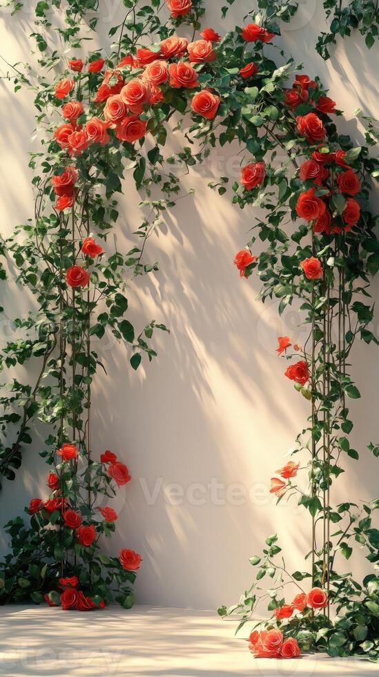 Beautiful floral archway covered in red roses leading to a field of wheat photo
