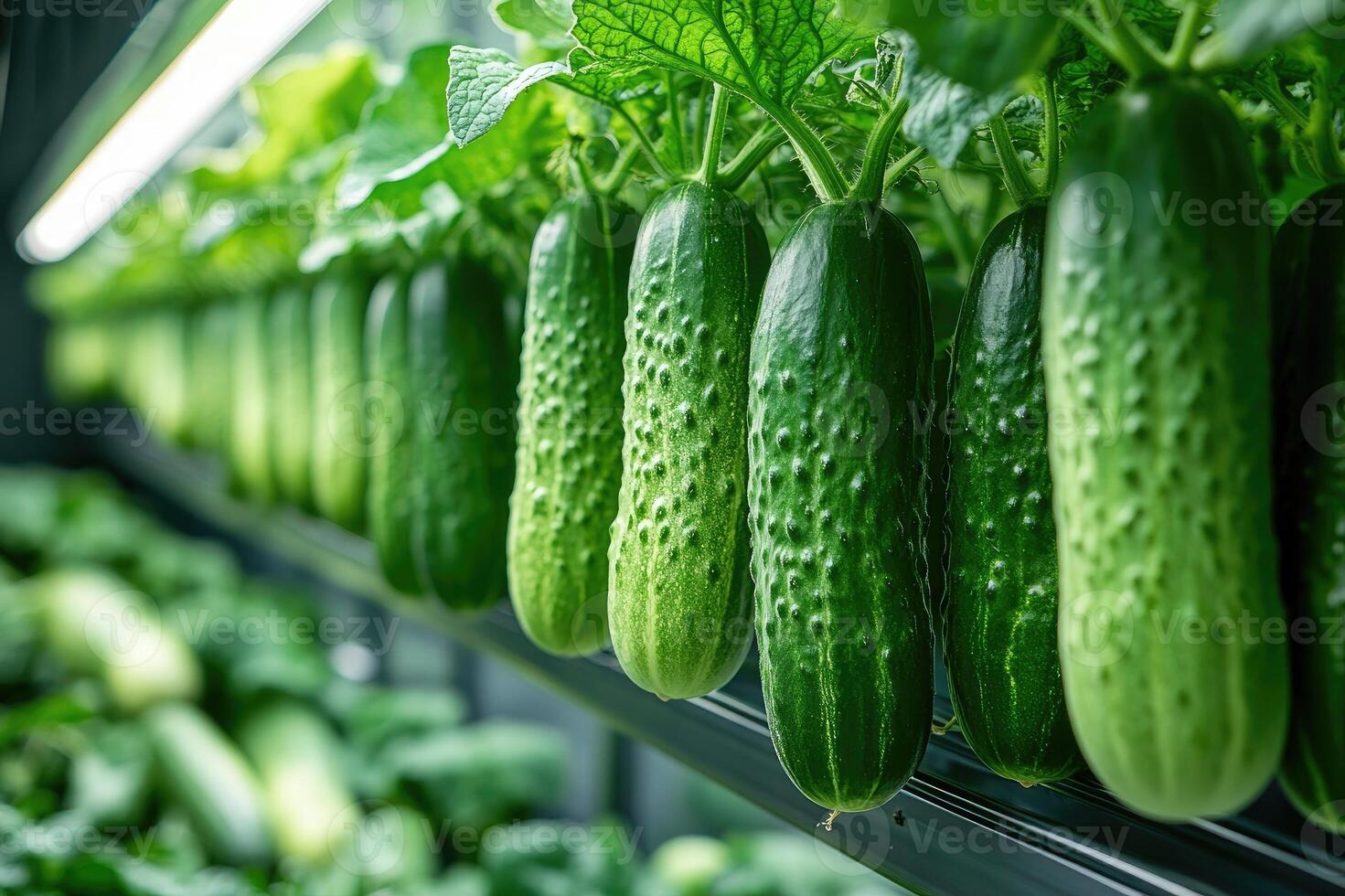 Cucumbers growing under sun in greenhouse photo