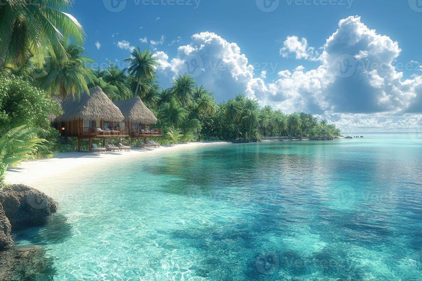Luxurious bungalow overlooking tranquil turquoise lagoon in tropical paradise photo