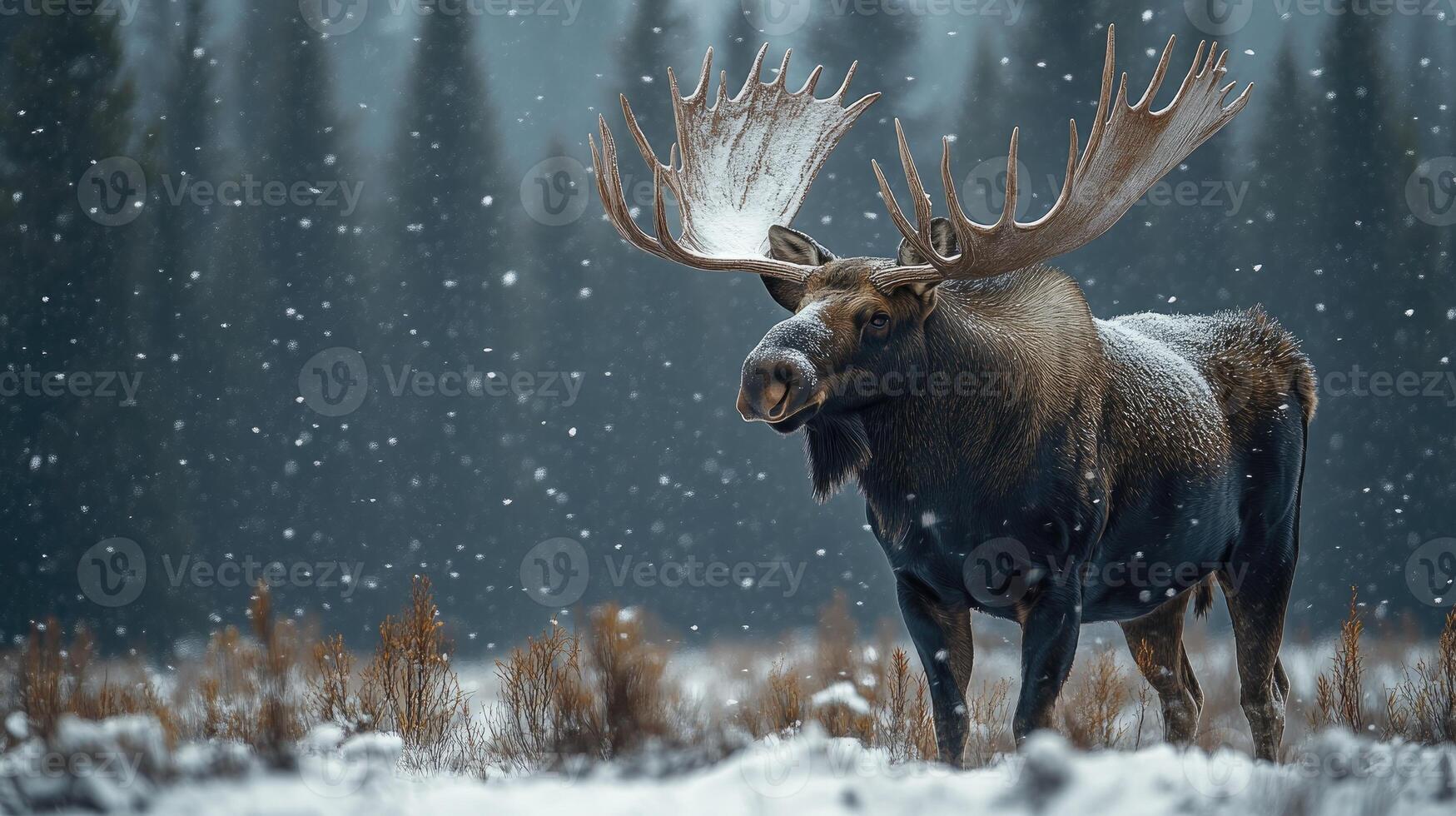 Large bull moose standing in snowfall with antlers covered in snow photo