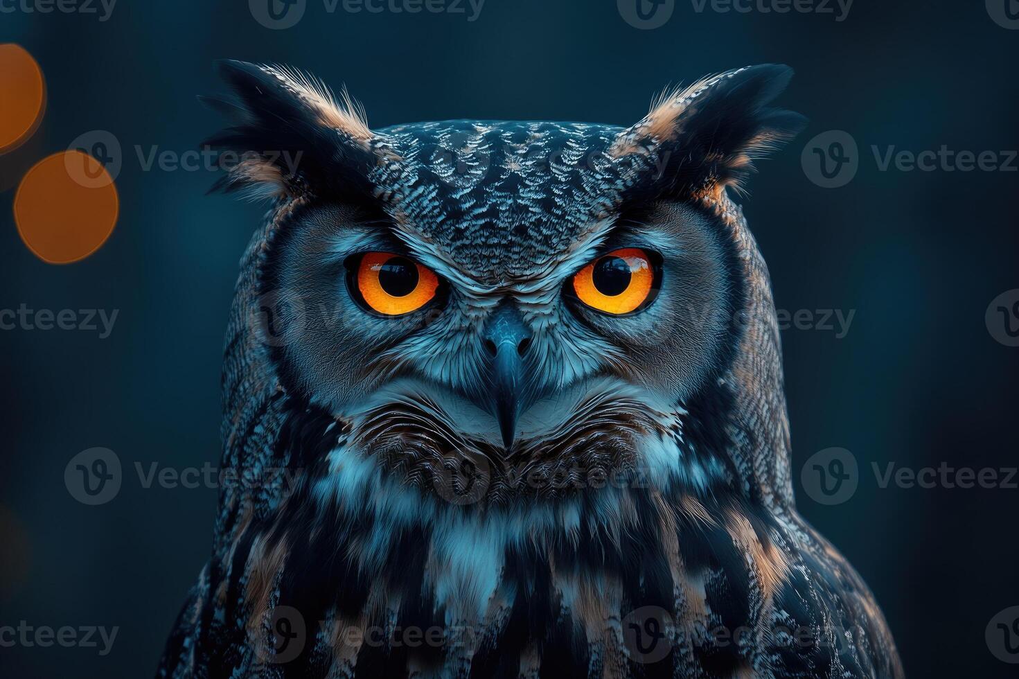Eurasian eagle-owl staring intently with piercing orange eyes photo
