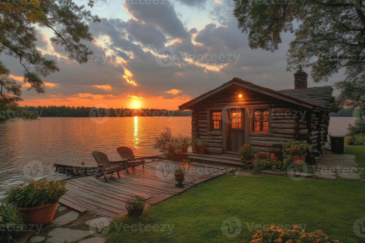 Tranquil log cabin overlooking lake at sunset with dramatic sky photo