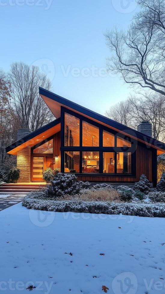 Modern home with dramatic roofline covered in snow photo