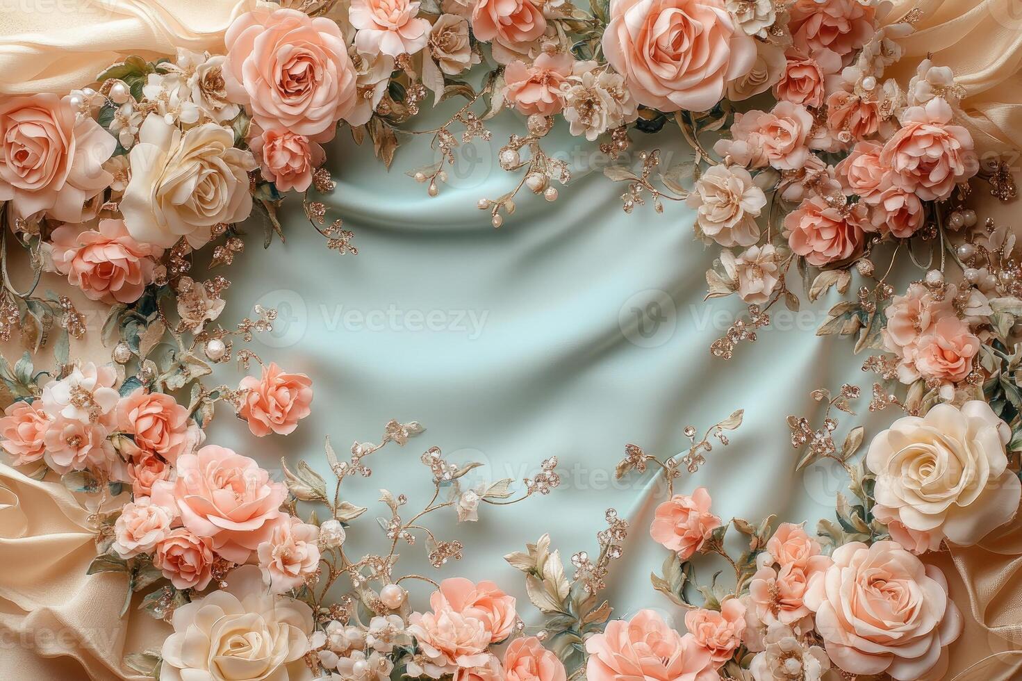 Peach colored satin decorated with silk flowers and rhinestones photo