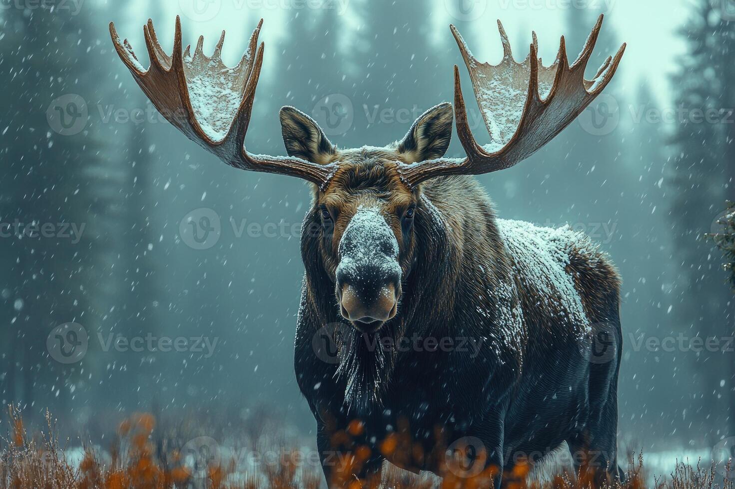 Large bull moose standing in snowfall with antlers covered in snow photo