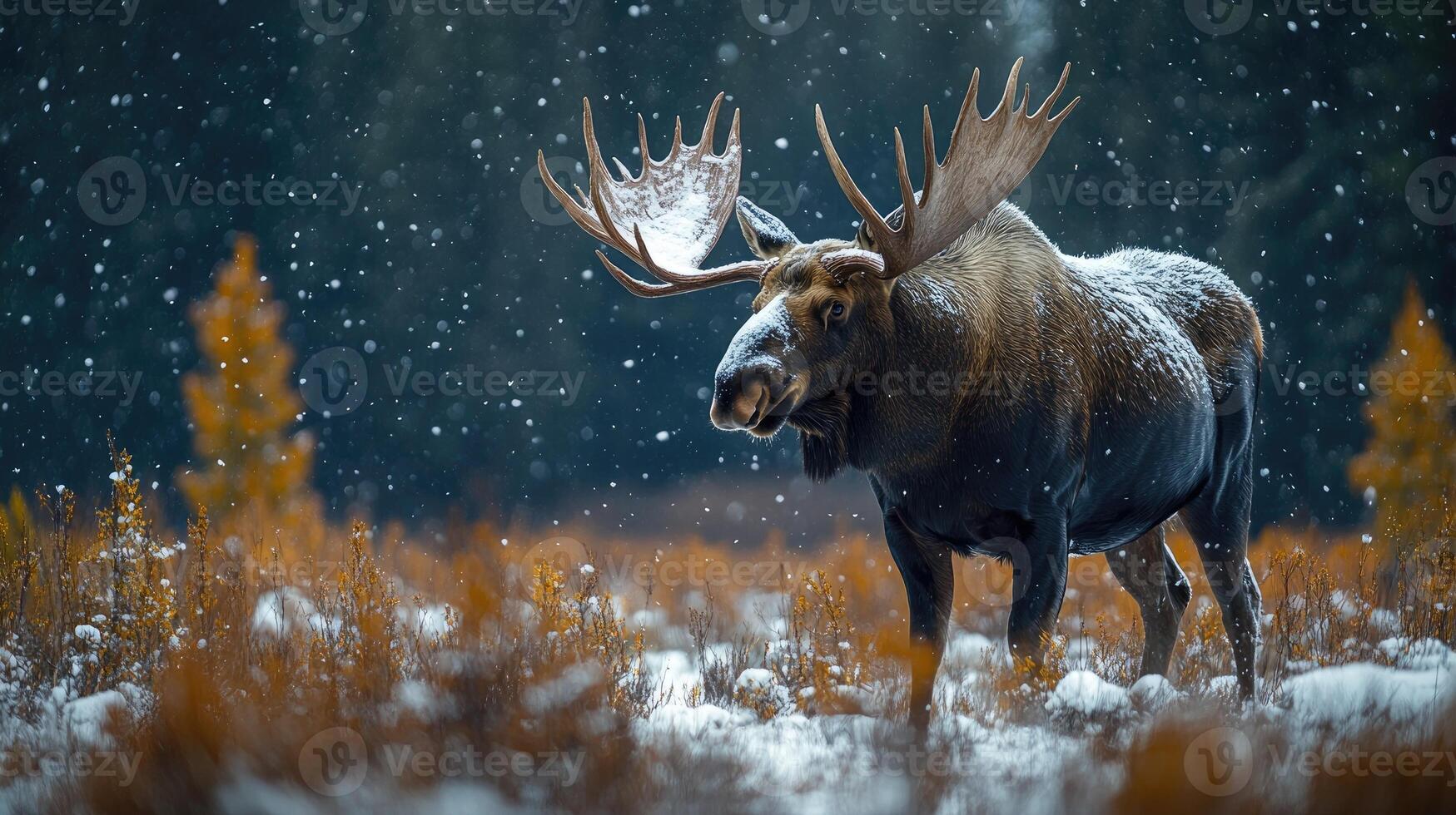 Large bull moose standing in snowfall with antlers covered in snow photo