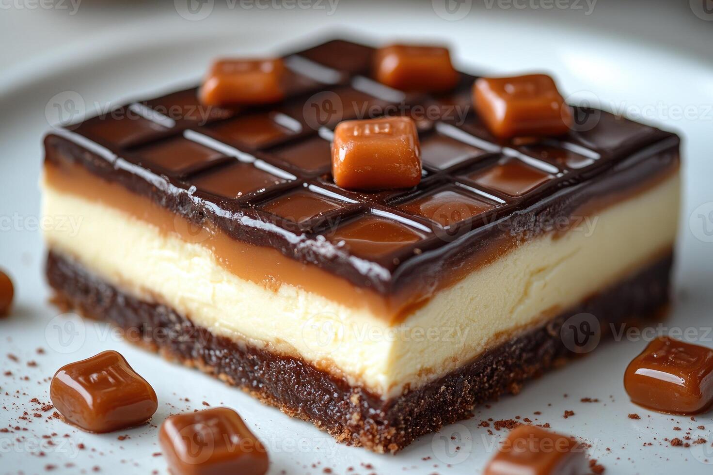 Delicious no-bake caramel cheesecake layered with chocolate and nuts being drizzled with chocolate sauce photo