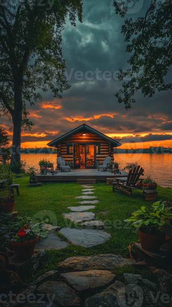 Tranquil log cabin overlooking lake at sunset with dramatic sky photo