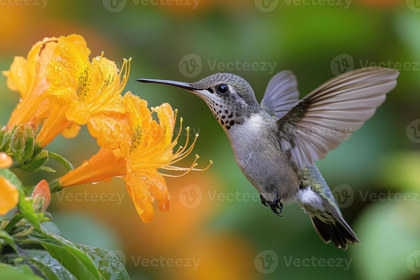 Hummingbird hovering near orange flower feeding on nectar with blurred background photo