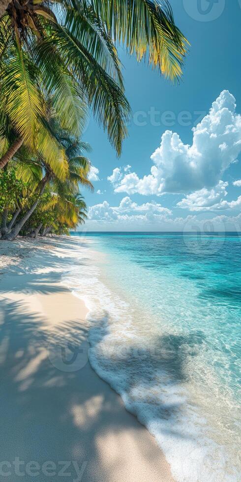 Turquoise water gently lapping on tropical beach shore with palm trees photo