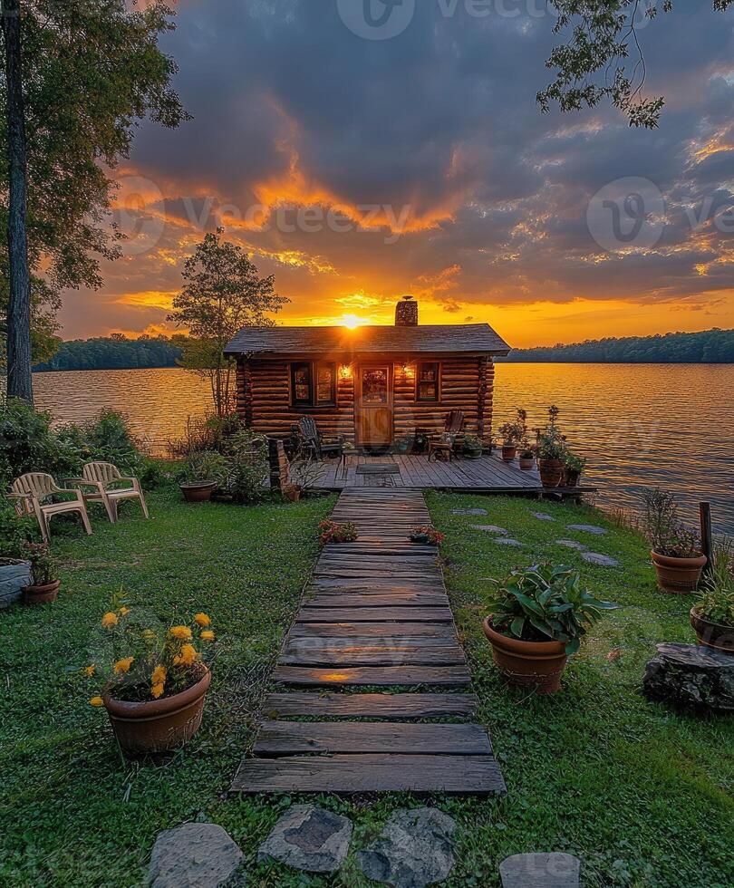 Tranquil log cabin overlooking lake at sunset with dramatic sky photo