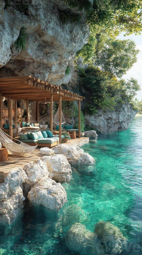 Luxury patio overlooking tranquil turquoise ocean cove with hammock photo