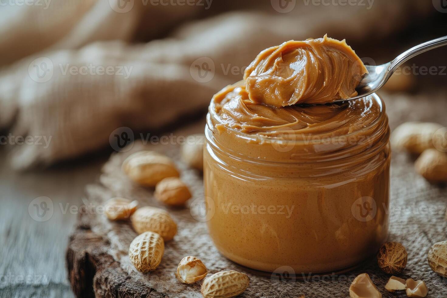 Spoon scooping creamy peanut butter from jar surrounded by peanuts photo