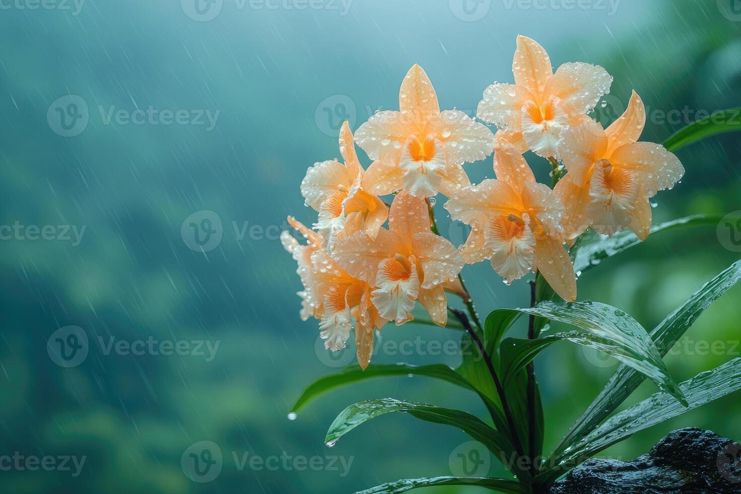 Yellow orchids blooming under the rain in a lush forest photo