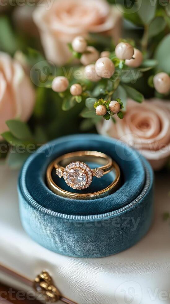 Golden engagement ring with diamonds and rose design resting in a blue velvet ring box surrounded by roses photo