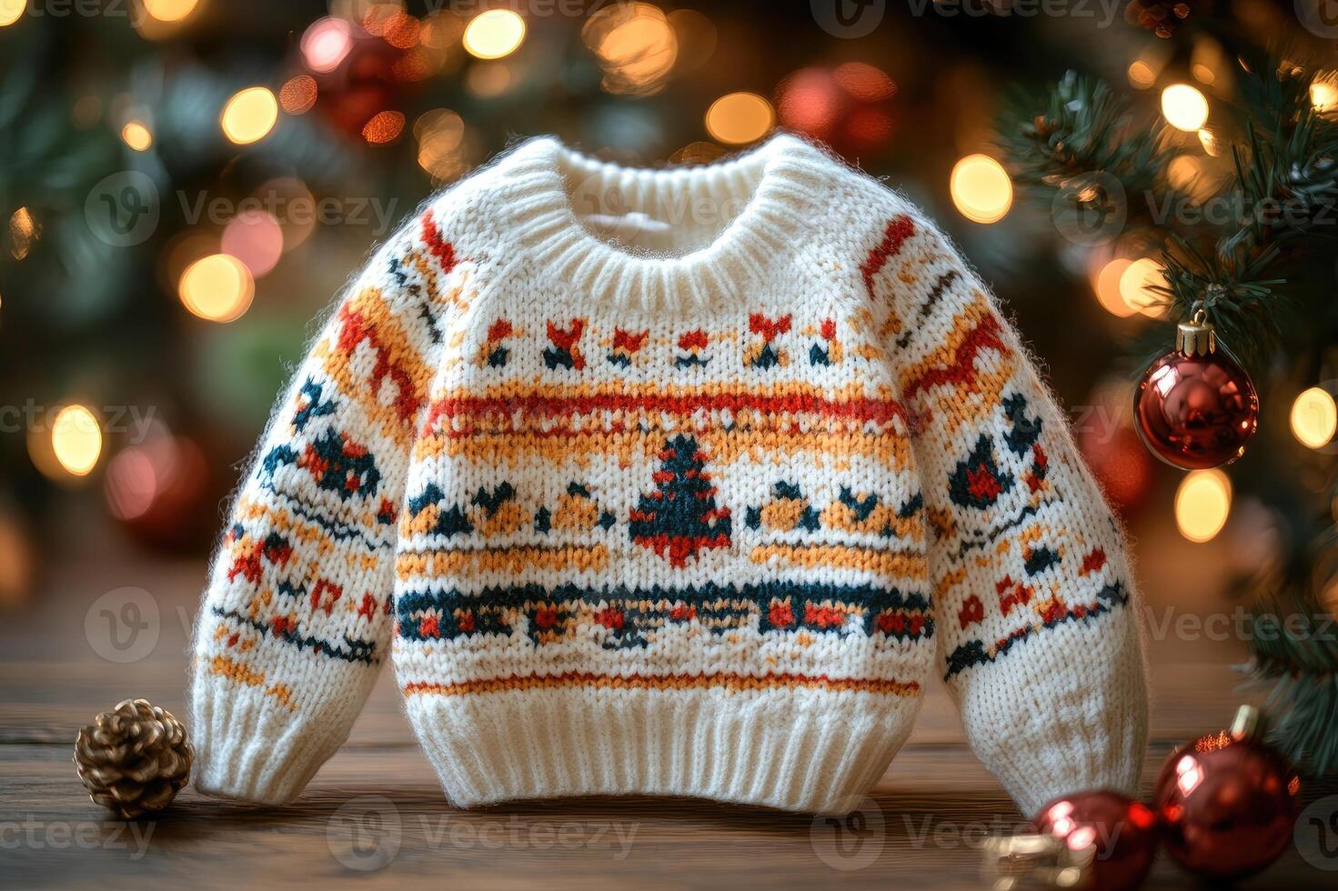 Baby christmas sweater waiting on a wooden table with christmas tree lights in background photo