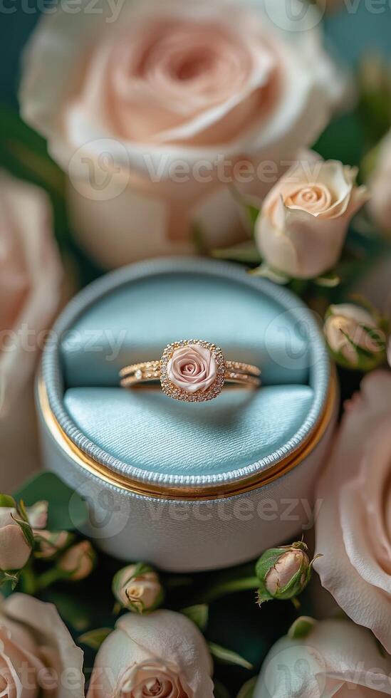 Golden engagement ring with diamonds and rose design resting in a blue velvet ring box surrounded by roses photo