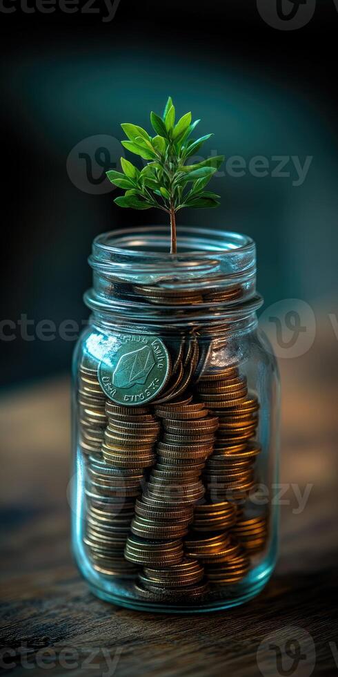 Small tree growing from coins in glass jar symbolizing investment photo