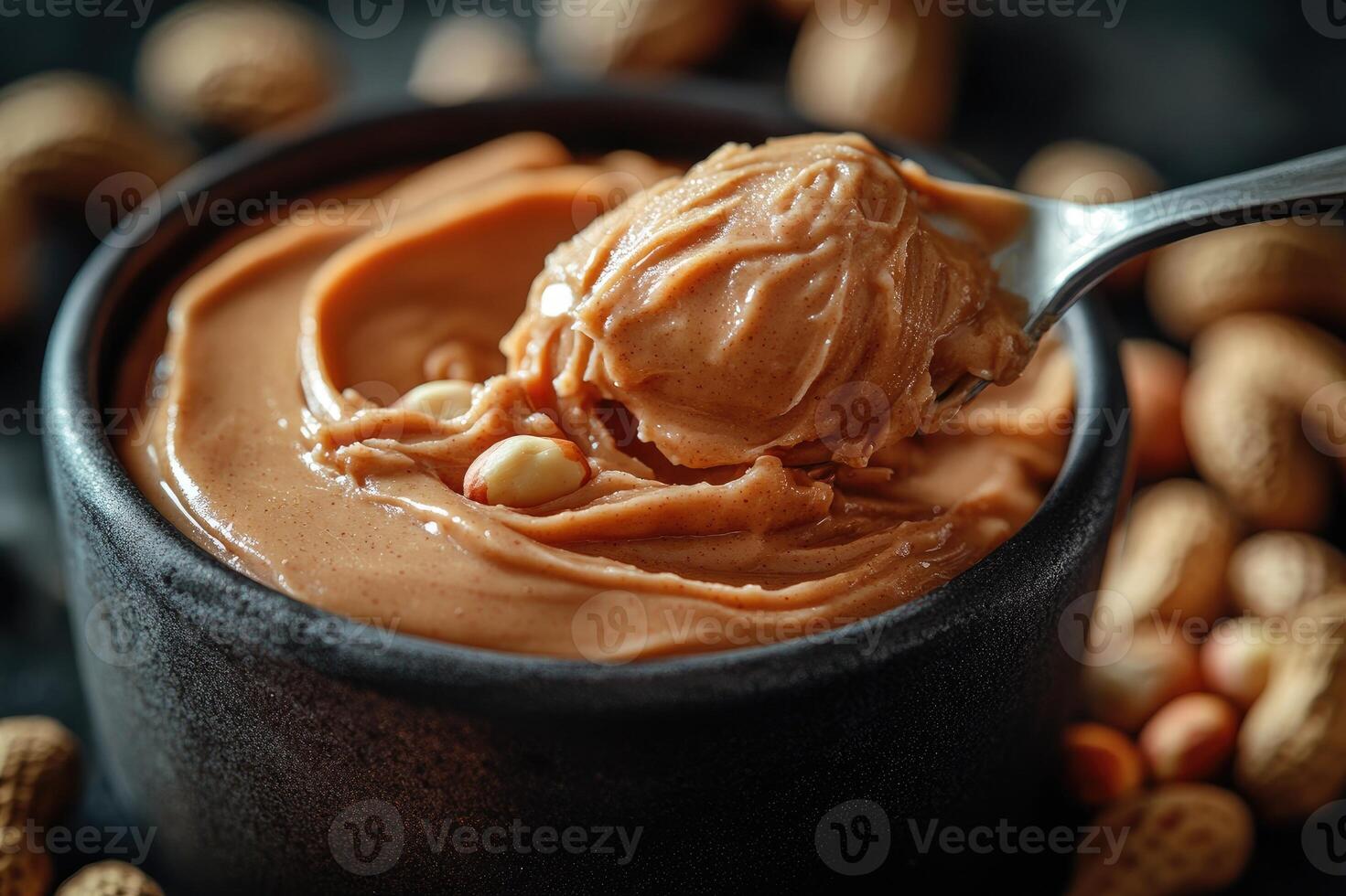Spoon scooping creamy peanut butter from jar surrounded by peanuts photo