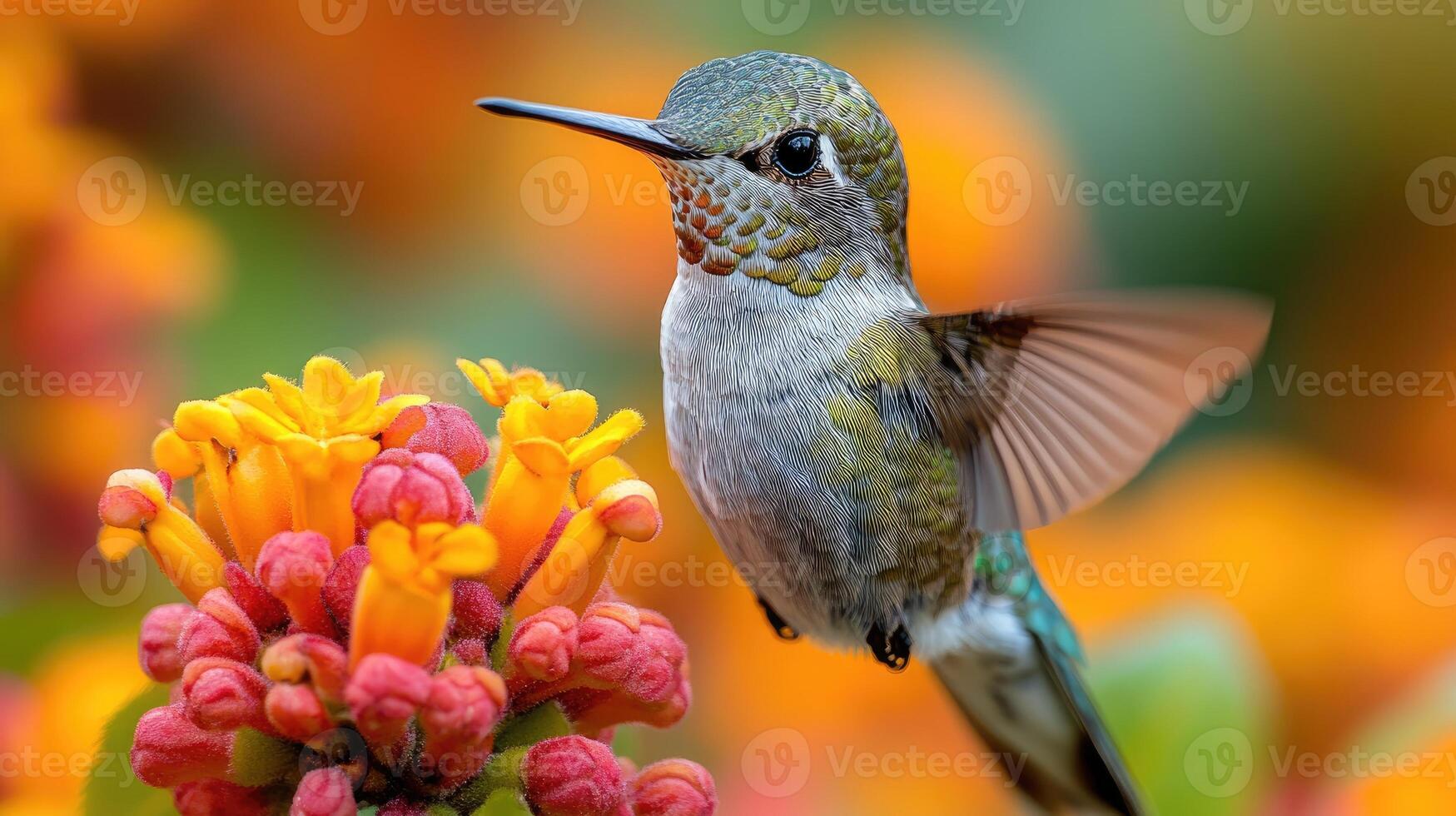 Hummingbird hovering near orange flower feeding on nectar with blurred background photo