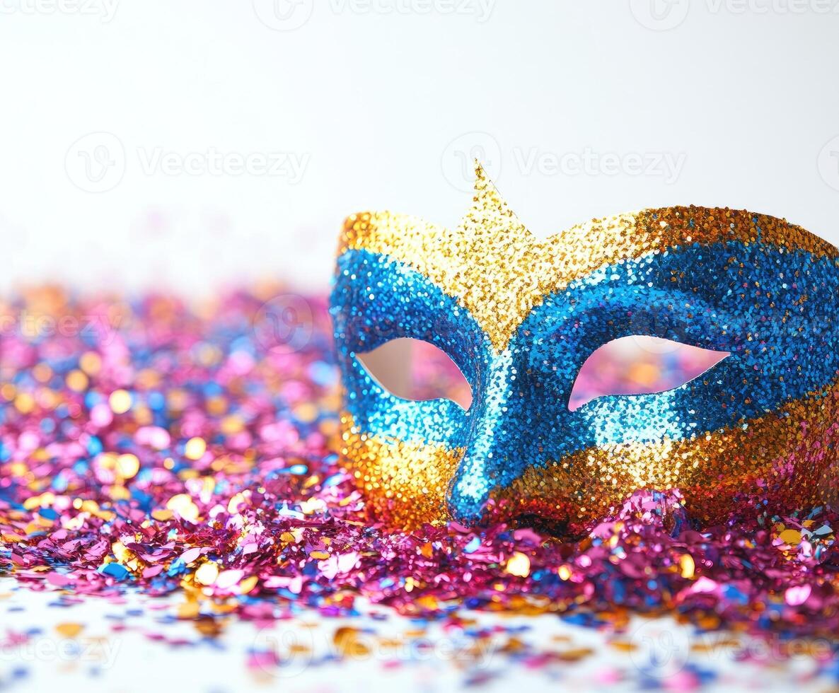 Colorful carnival mask covered in glitter on white background with confetti photo