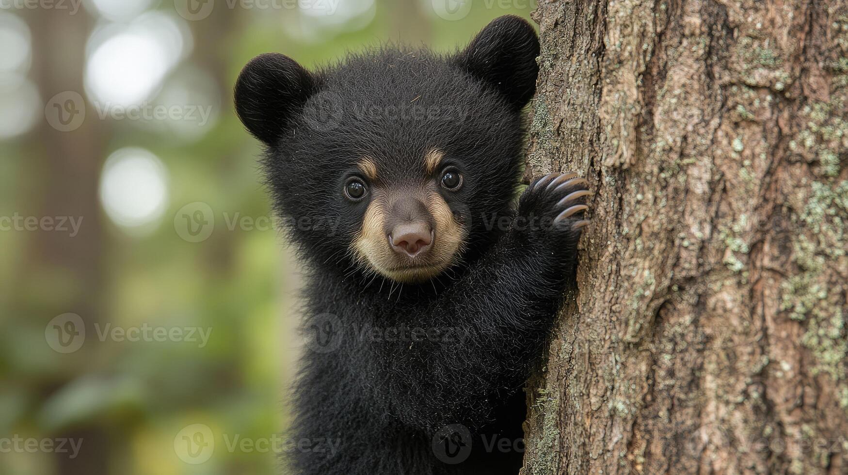 Black bear cub peeking around tree trunk in forest photo