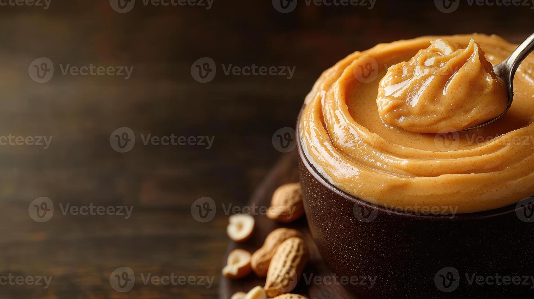 Spoon scooping creamy peanut butter from jar surrounded by peanuts photo