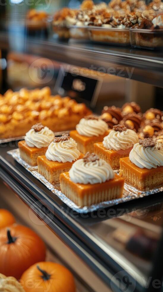 Delicious golden brown cakes displayed in bakery window display case photo