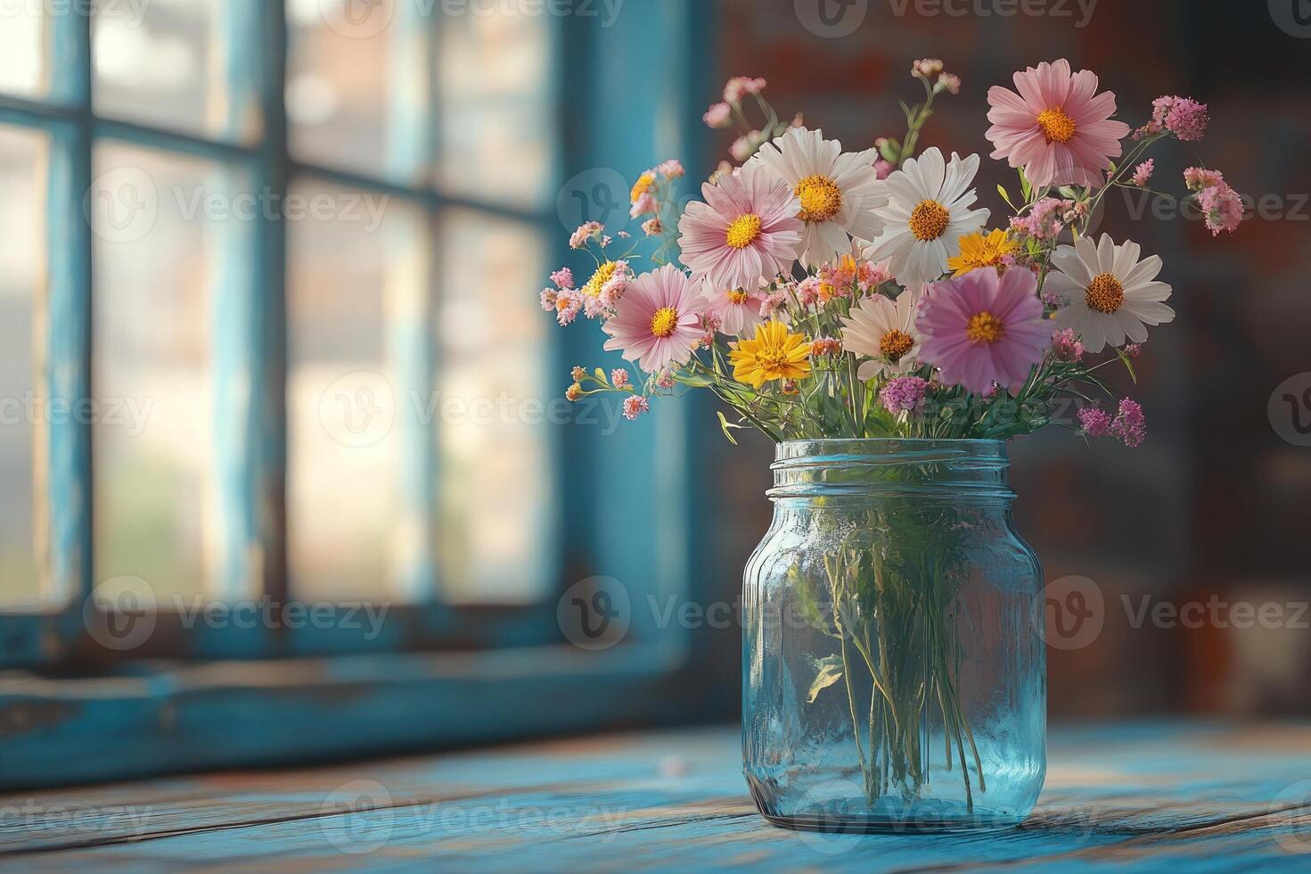 Colorful cosmos flowers standing in glass vase on rustic table photo