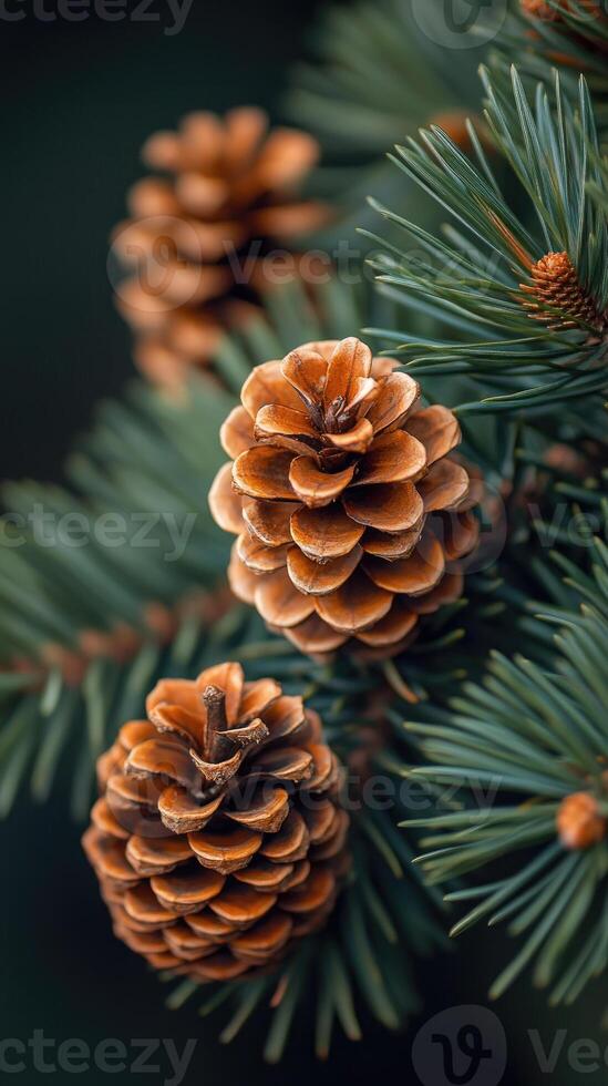 Pine cones hanging from a pine tree branch photo