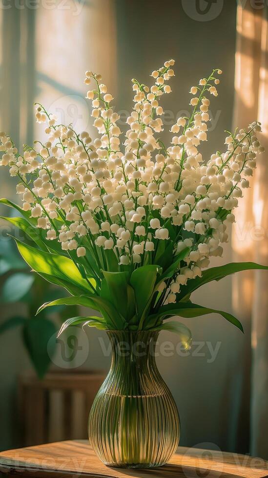 Bouquet of lily of the valley flowers bringing spring inside a cozy home photo