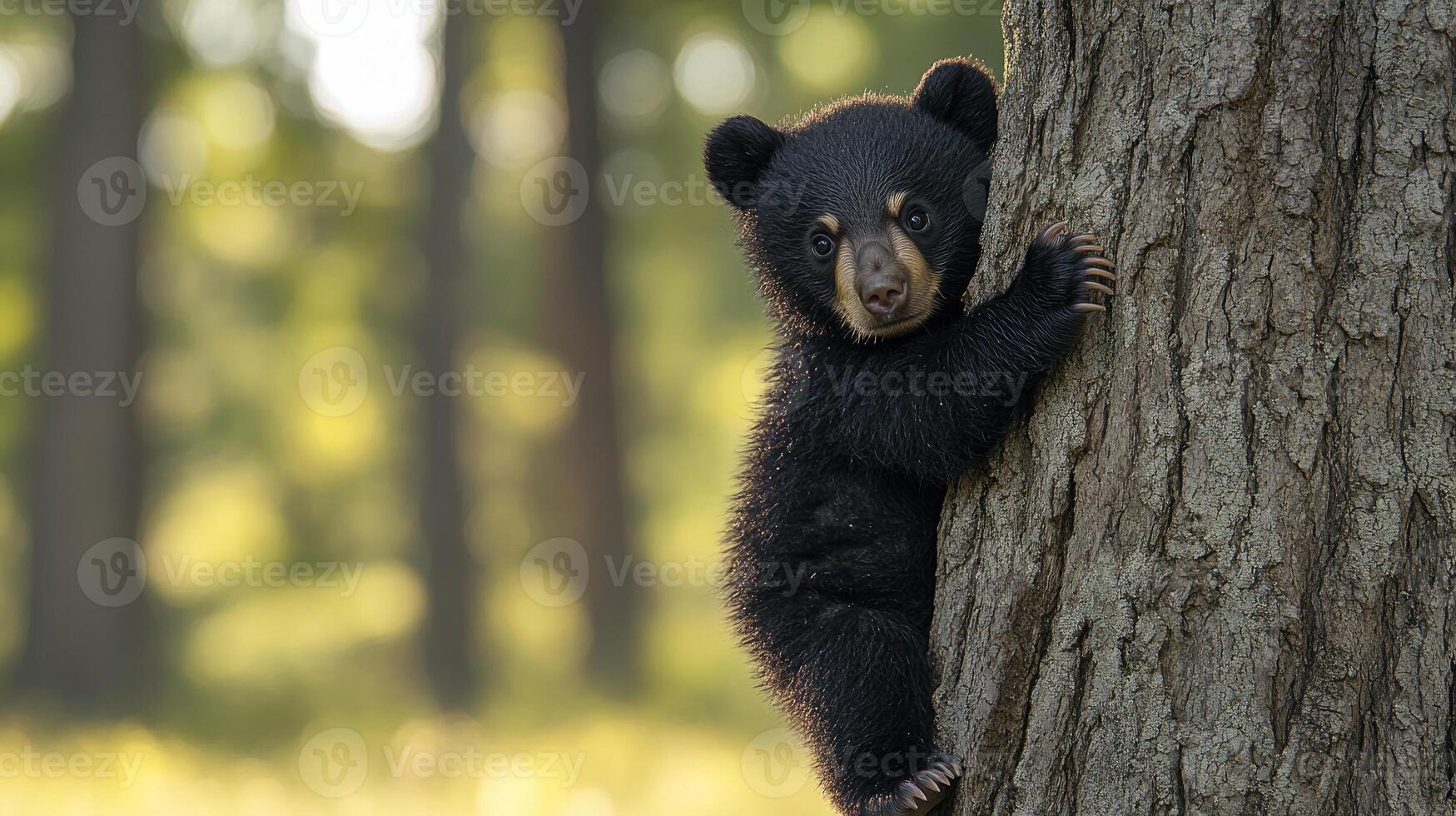 Black bear cub peeking around tree trunk in forest photo