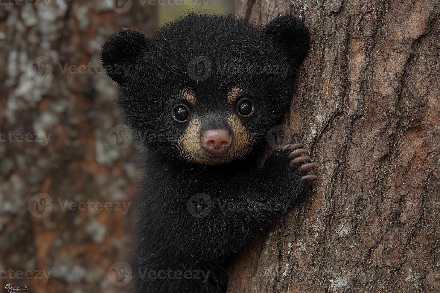 Black bear cub peeking around tree trunk in forest photo