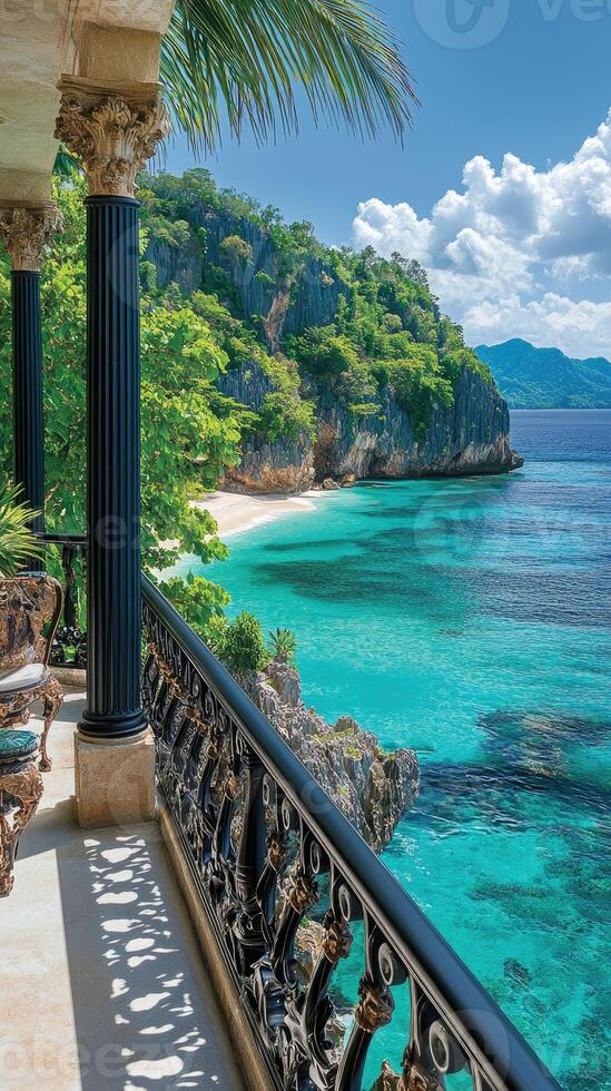 Luxurious balcony overlooking tropical island paradise with turquoise water photo