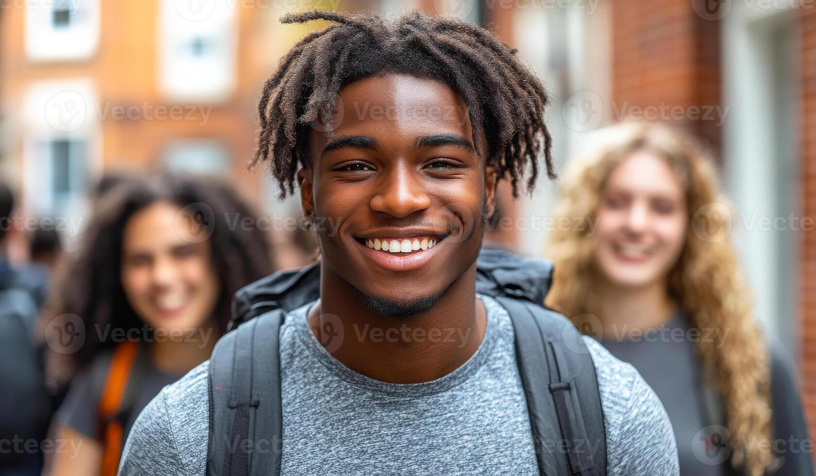A man with a backpack is smiling at the camera. He is surrounded by two other people, one of whom is smiling as well. The scene appears to be casual and friendly photo