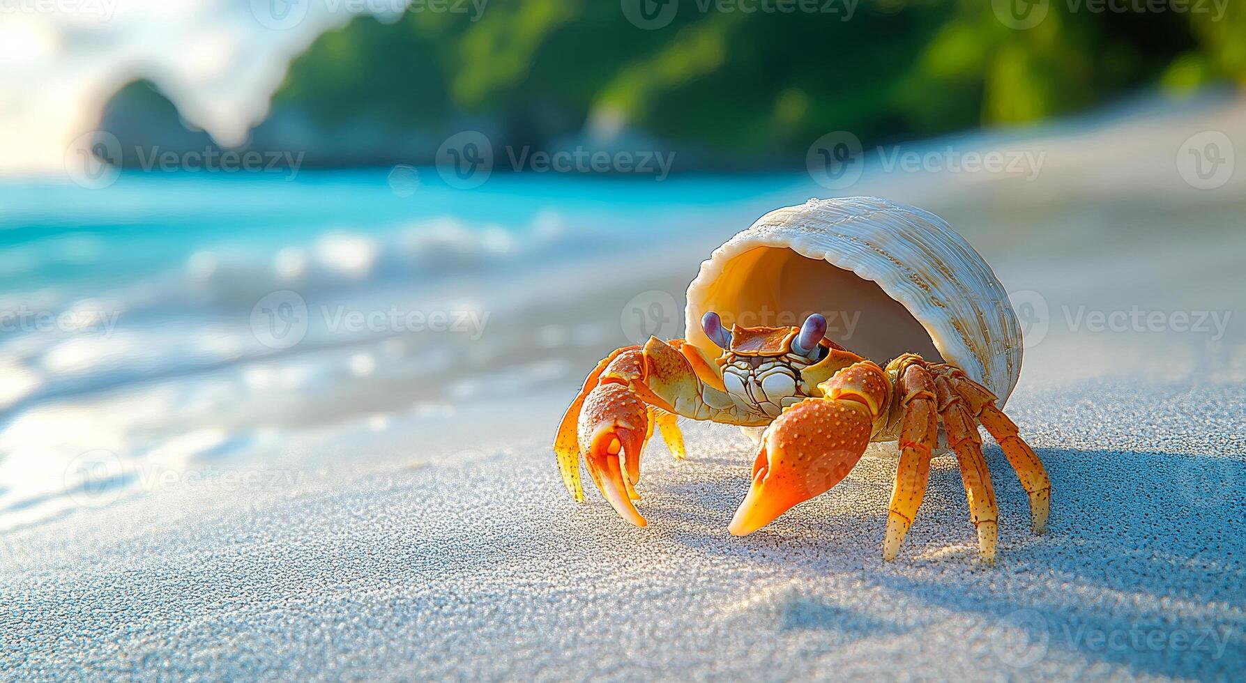 A crab is on the beach, with its shell open. The scene is peaceful and serene, with the ocean in the background photo