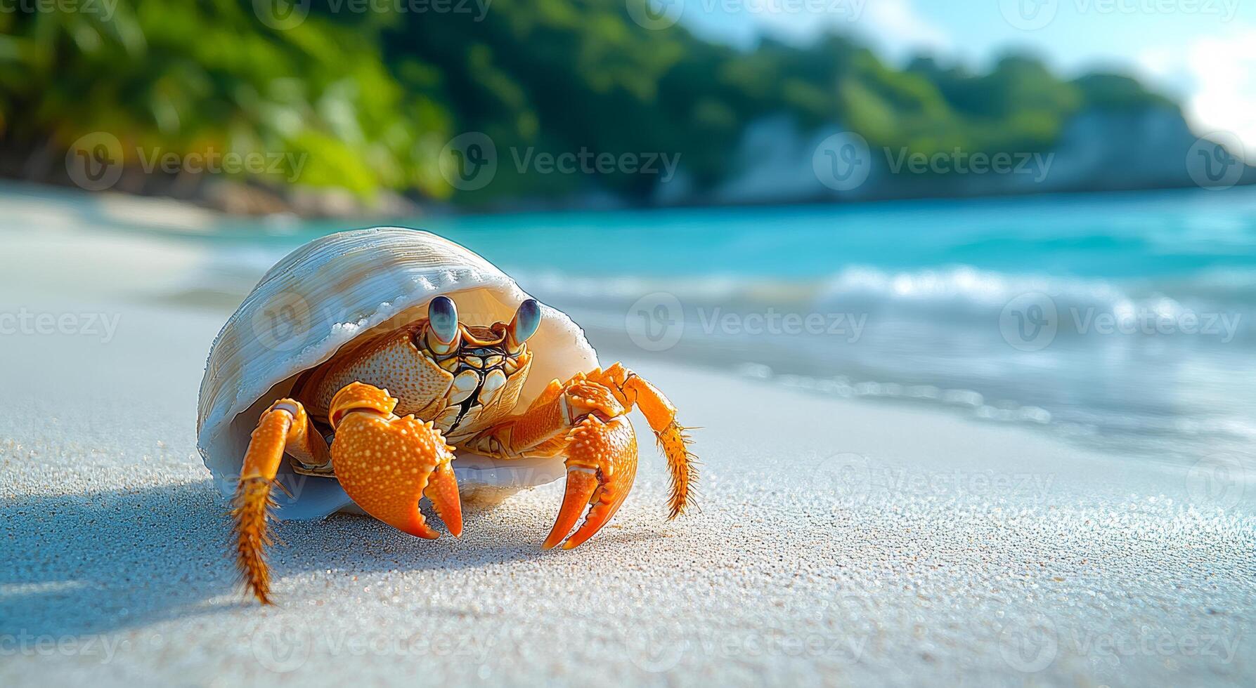 A small crab is on the beach, looking out at the ocean. The scene is peaceful and serene, with the crab being the only living creature visible photo