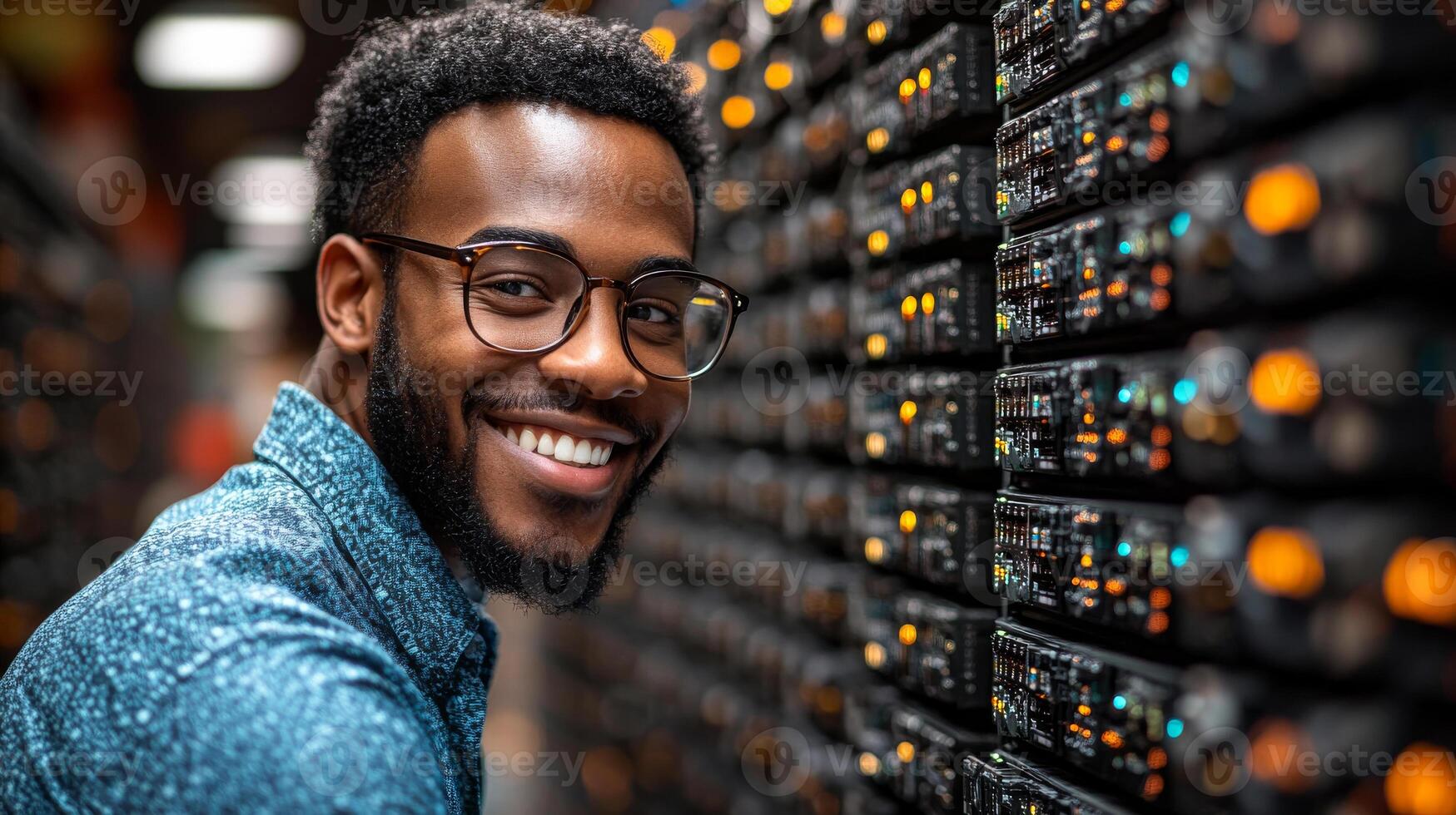 A man with glasses is smiling at the camera in front of a row of computer servers. The servers are lit up, giving the impression of a busy and active workspace photo