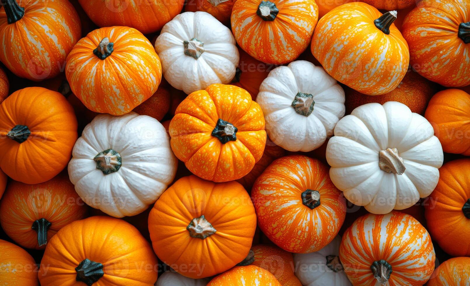 A large pile of orange and white pumpkins. The orange and white pumpkins are arranged in a way that creates a sense of depth and dimension. The colors of the pumpkins contrast with each other photo