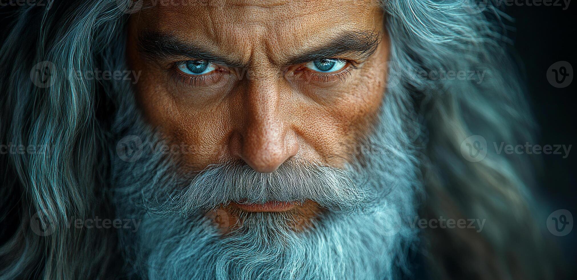 A man with a beard and long hair has a blue eye. He looks angry and is staring at the camera photo