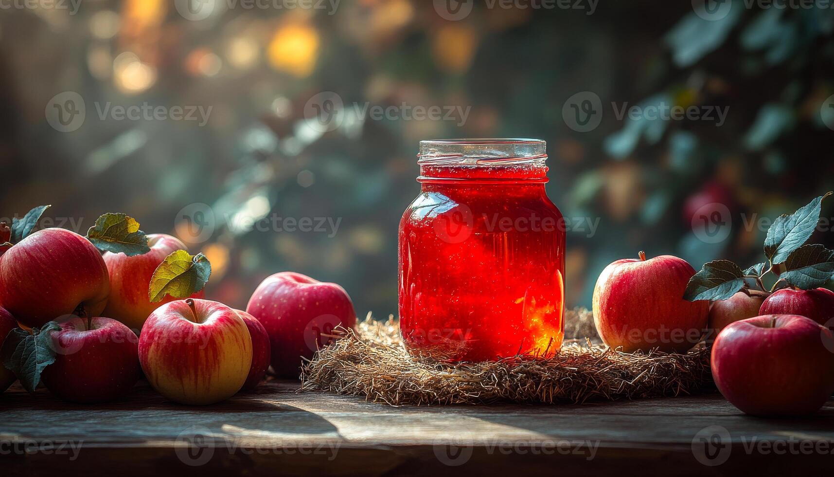 A jar of red apple jam sits on a table with several apples. The apples are arranged in a way that they are all visible and the jar is the center of attention. Concept of warmth and comfort photo