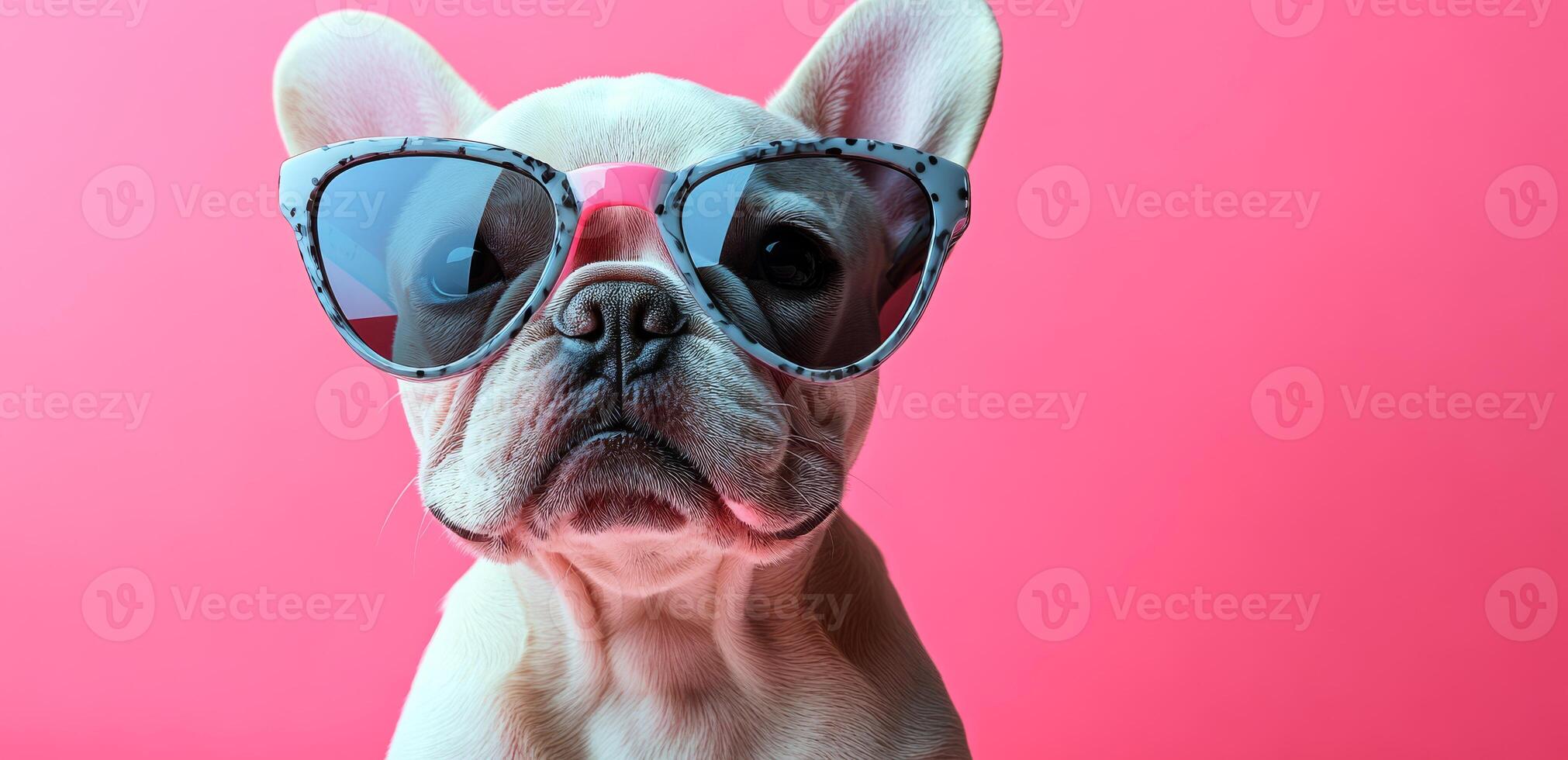 A dog wearing sunglasses and a pink bandanna. The dog is looking at the camera. The image has a playful and fun mood photo