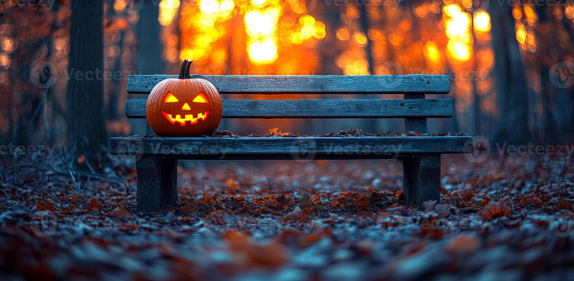 A bench with a pumpkin on it in the woods. The pumpkin is lit up and has a scary face. The scene is set in autumn, with leaves on the ground and a warm glow from the sun. Halloween photo