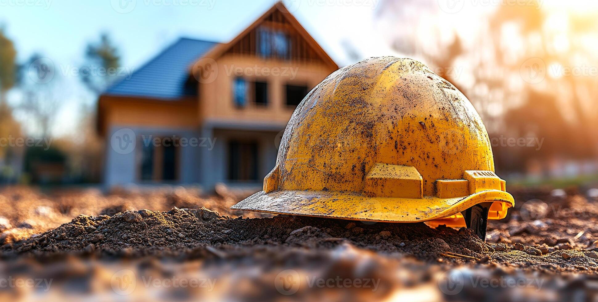 A yellow hard hat is on the ground next to a house. The hard hat is dirty and has mud on it photo