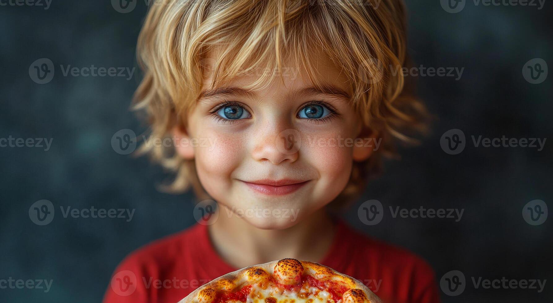 A young boy is holding a slice of pizza and smiling. Concept of happiness and enjoyment, as the child is posing with his food photo