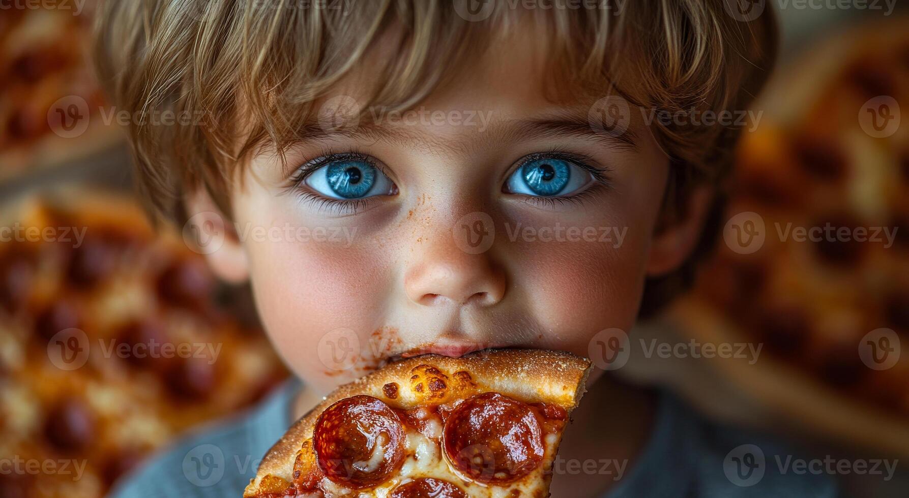 A young boy is eating a slice of pepperoni pizza. The pizza is on a table and there are several other pizzas in the background photo